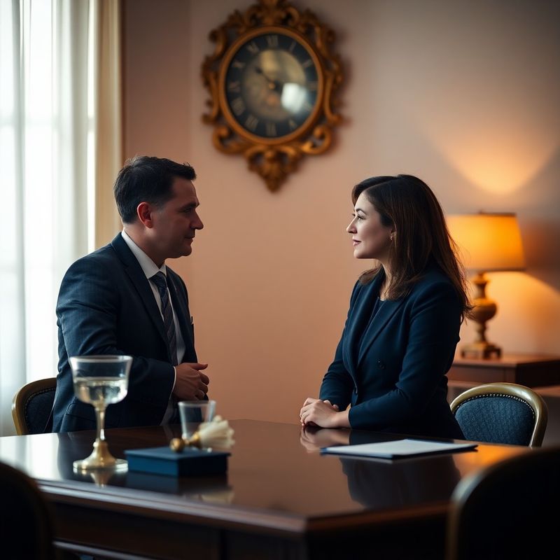 Dvaja poradcovia v diskrétnom rozhovore pri indigovom stole